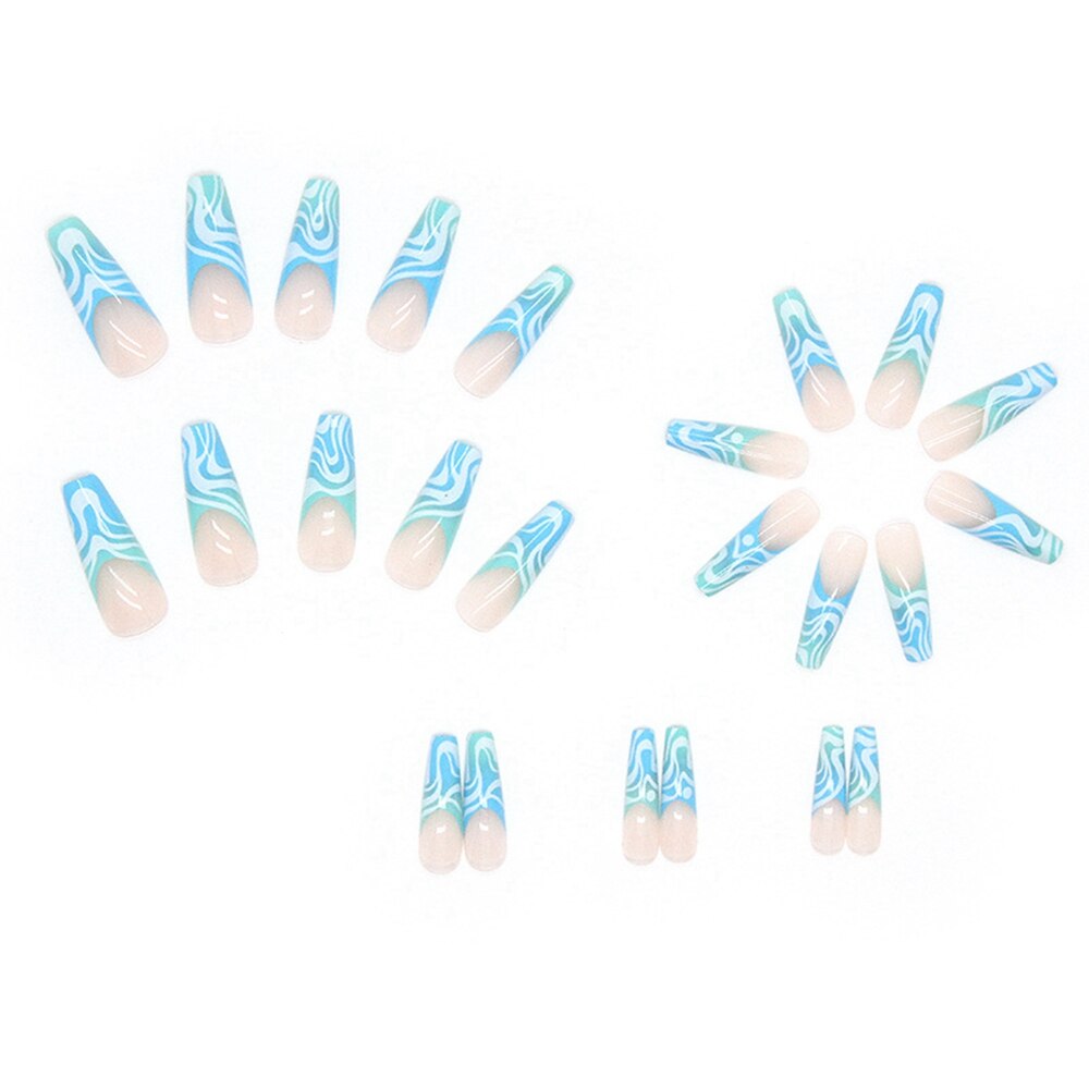 24Pcs Detachable Artificial Fake Nails French Purple Grape Blue wave Design Long Ballet Coffin Press On Nail False Manicure Tips
