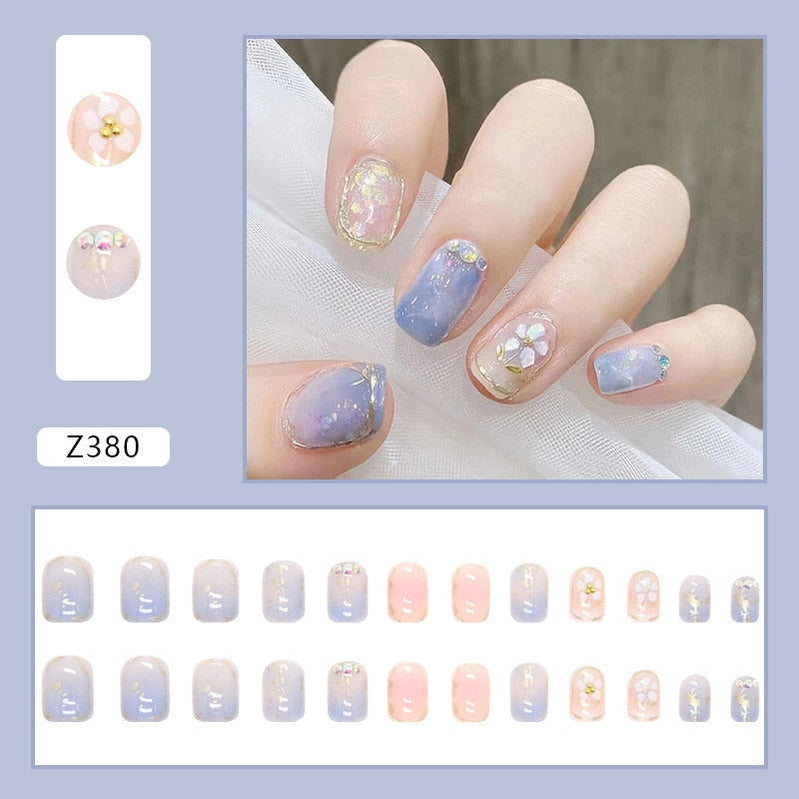 24Pcs Detachable False Nails Rhinestones Blue Wearable Fake Nails Full Cover Nail Tips Fake Nail with Moon Design Press on Nails Z380