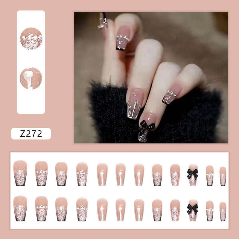 24Pcs Detachable False Nails Rhinestones Blue Wearable Fake Nails Full Cover Nail Tips Fake Nail with Moon Design Press on Nails Z272
