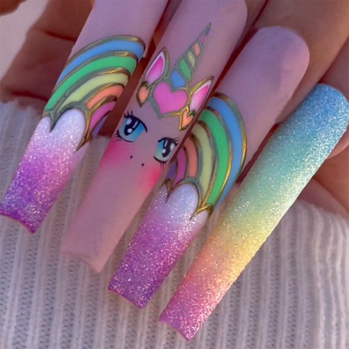 24Pcs Extra Long Ballet False Nails with Rhinestone Acrylic Square Head Fake Nails Heart-shaped Designs Wearable Press on Nails JY011