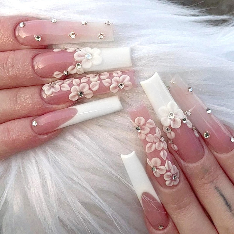 24Pcs Extra Long Ballet False Nails with Rhinestone Acrylic Square Head Fake Nails Heart-shaped Designs Wearable Press on Nails 688