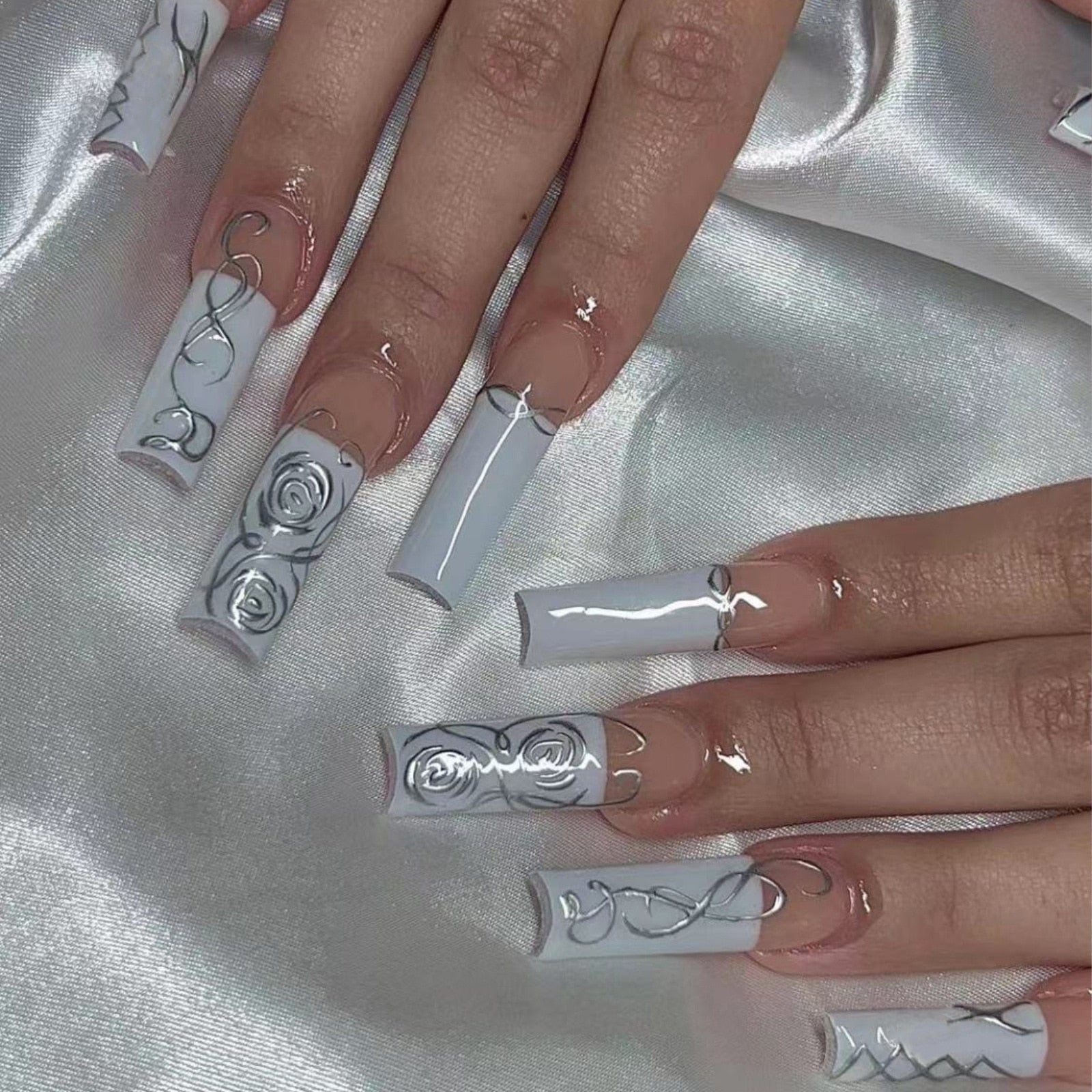 24Pcs Extra Long Ballet False Nails with Rhinestone Acrylic Square Head Fake Nails Heart-shaped Designs Wearable Press on Nails CJ-02