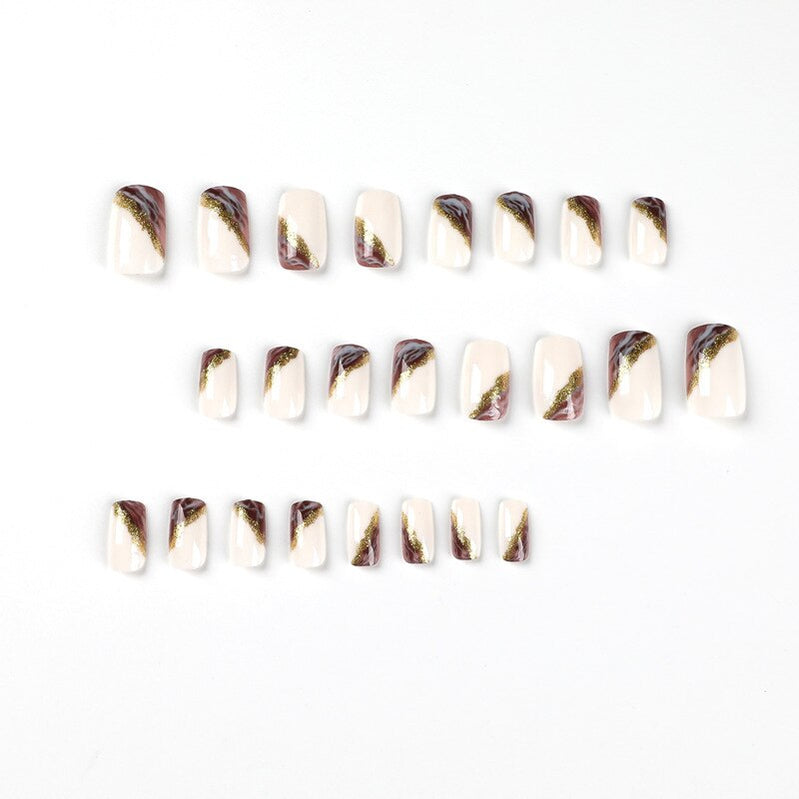 24Pcs Fake Nails Short Coffin Brown Gold Foil Design Full Cover Press on Fingernails Tips European Artificial Acrylic Nail Tips