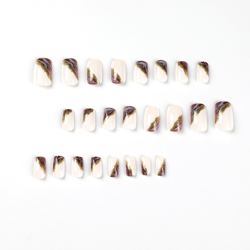 24Pcs Fake Nails Short Coffin Brown Gold Foil Design Full Cover Press on Fingernails Tips European Artificial Acrylic Nail Tips