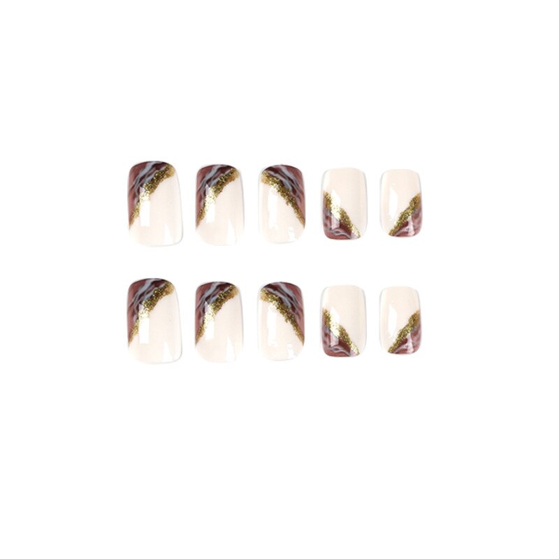 24Pcs Fake Nails Short Coffin Brown Gold Foil Design Full Cover Press on Fingernails Tips European Artificial Acrylic Nail Tips