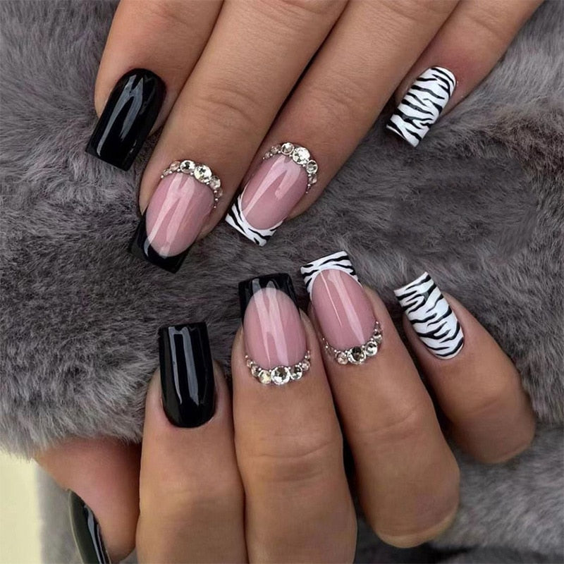 24Pcs False Nails Black French Square Head Striped Rhinestone Manicure Full Cover Nail Tips Detachable Fake Nails Press on Nails