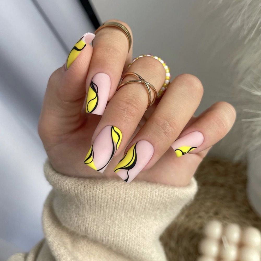 24Pcs False Nails Black French Square Head Striped Rhinestone Manicure Full Cover Nail Tips Detachable Fake Nails Press on Nails BB1