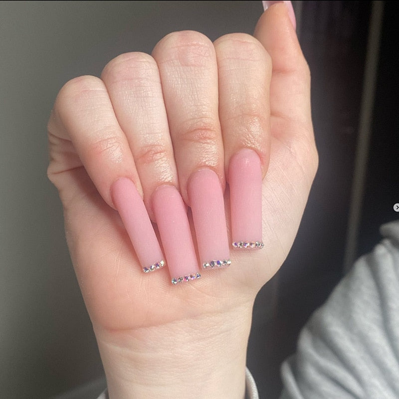 24Pcs False Nails Rhinestone Glitter Marble Grain Design Fake Fingernails Long Ballet Wearable Acrylic Full Cover Press on Nails 120