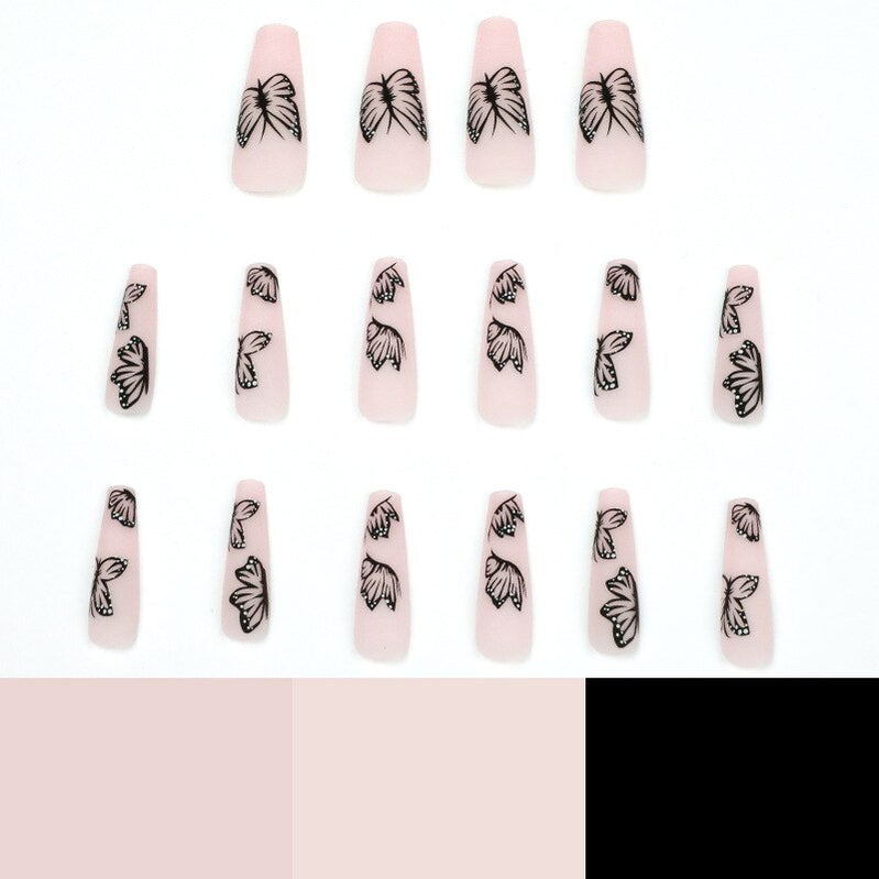 24Pcs Fashion Wearable Nail Art Butterfly Design Detachable Nude Color Coffin Fake Nails with Glue Full Cover Press on Nails