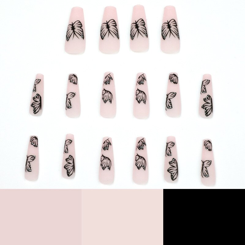 24Pcs Fashion Wearable Nail Art Butterfly Design Detachable Nude Color Coffin Fake Nails with Glue Full Cover Press on Nails