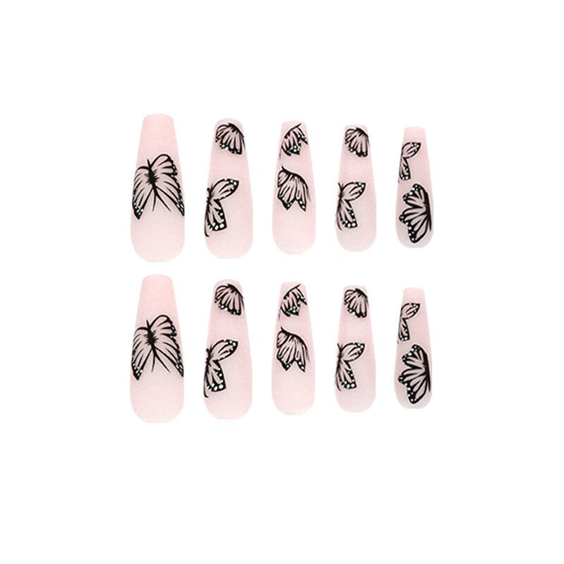 24Pcs Fashion Wearable Nail Art Butterfly Design Detachable Nude Color Coffin Fake Nails with Glue Full Cover Press on Nails