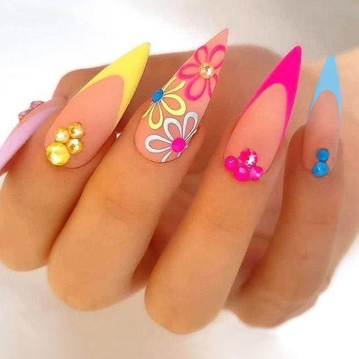 24Pcs Frosting False Nail Tips with Golden Glitter Designs French Rhinestone Manicure Stiletto Fake Nails Set Press on Nails 1710