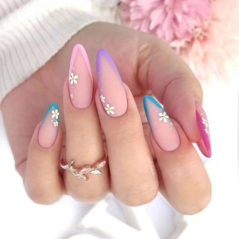 24Pcs Frosting False Nail Tips with Golden Glitter Designs French Rhinestone Manicure Stiletto Fake Nails Set Press on Nails 563