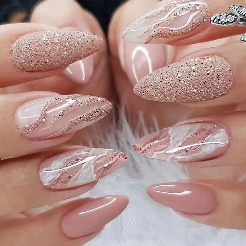 24Pcs Frosting False Nail Tips with Golden Glitter Designs French Rhinestone Manicure Stiletto Fake Nails Set Press on Nails 2362