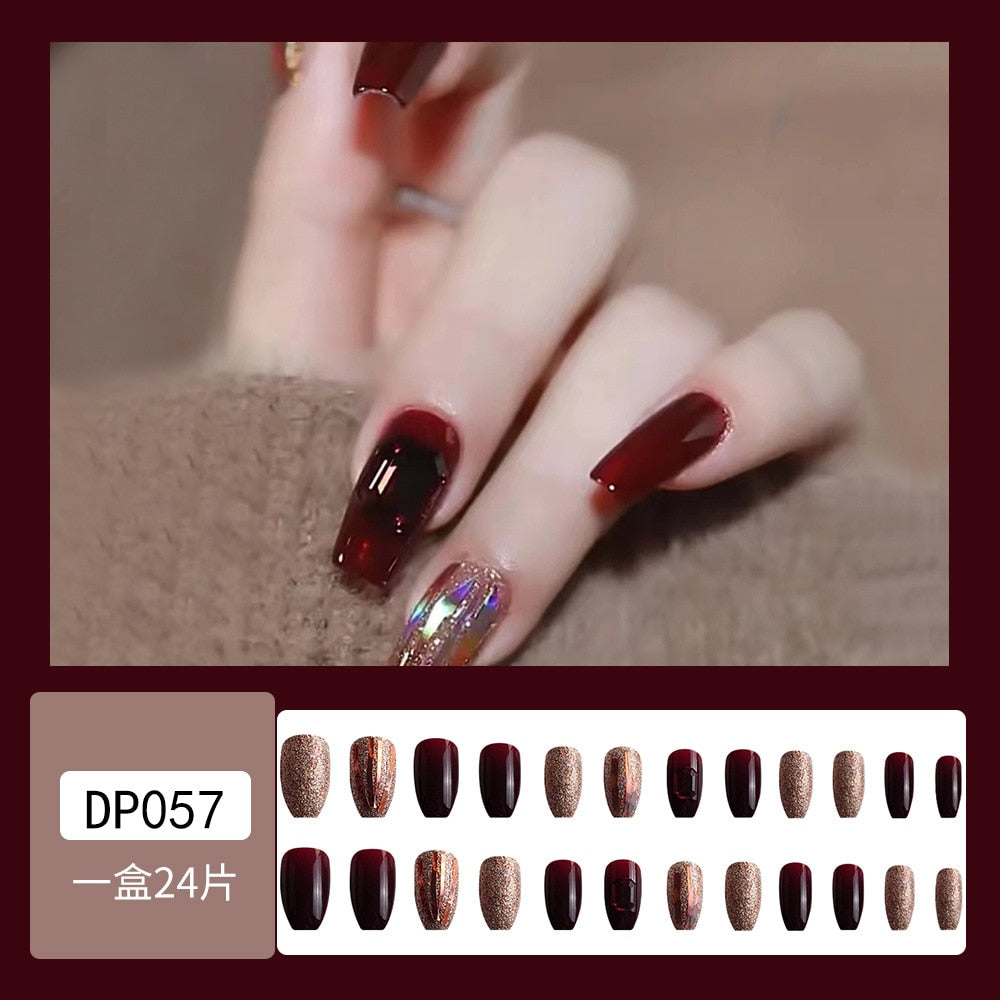 24Pcs Full Cover Fake Nails with 3D White Flower Design Full Cover Press on Fingernails Tips Coffin Head Glitter Red False Nails J2