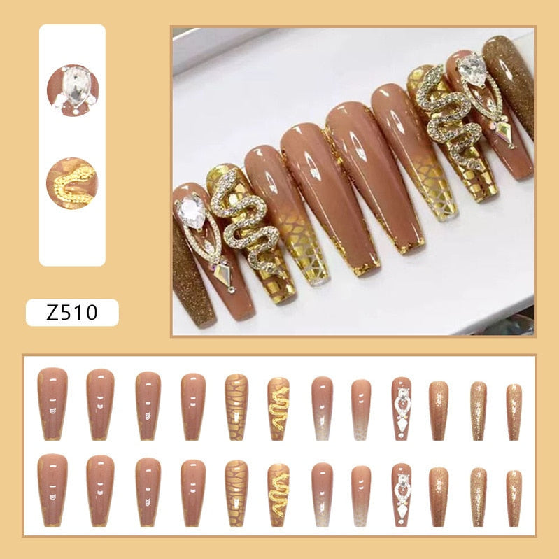 24Pcs Full Cover False Nails with Glue Extra Long Ballerina Coffin Detachable Fake Nails Flower Design Press on Nails Manicure 510