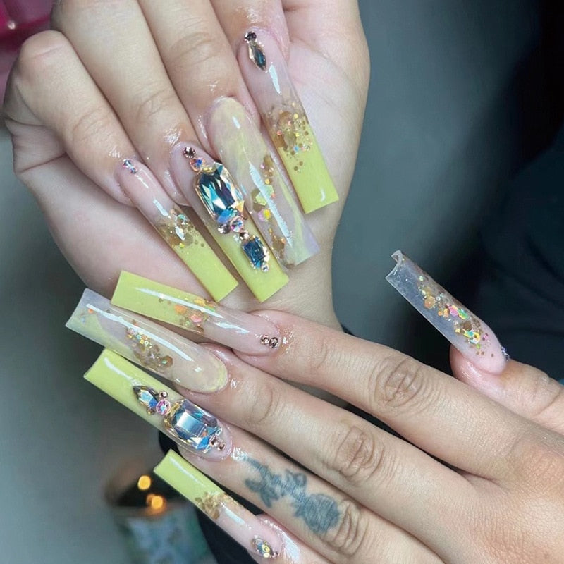 24Pcs Full Cover False Nails with Glue Extra Long Ballerina Coffin Detachable Fake Nails Flower Design Press on Nails Manicure 1821