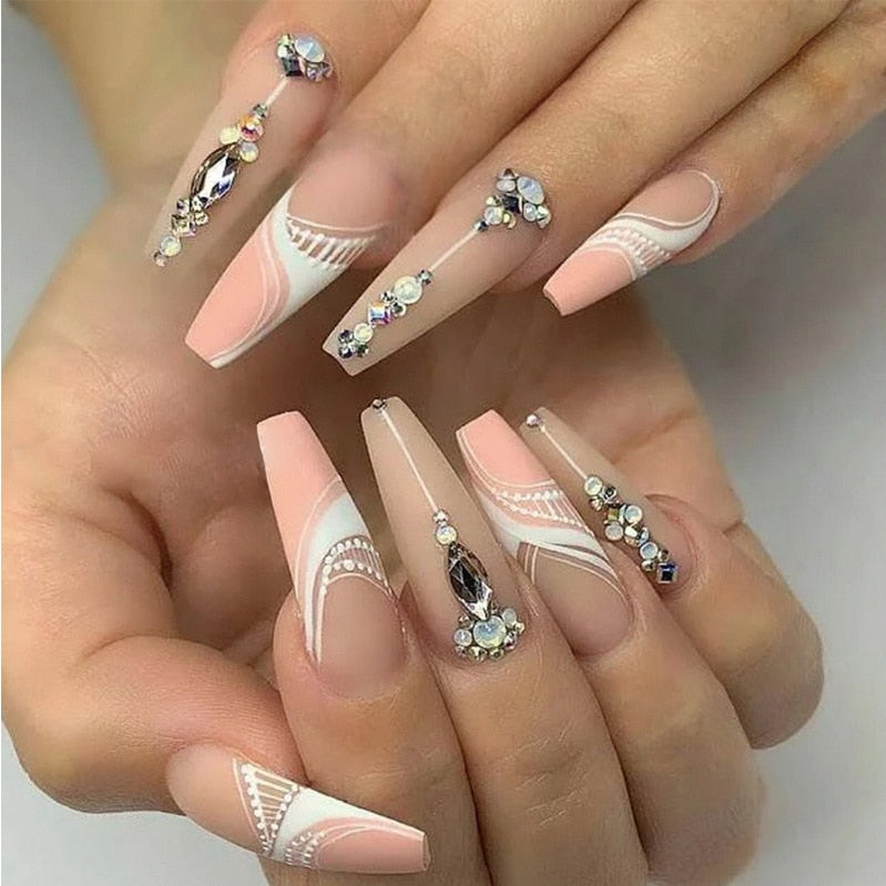 24Pcs Full Cover False Nails with Glue Extra Long Ballerina Coffin Detachable Fake Nails Flower Design Press on Nails Manicure 1812