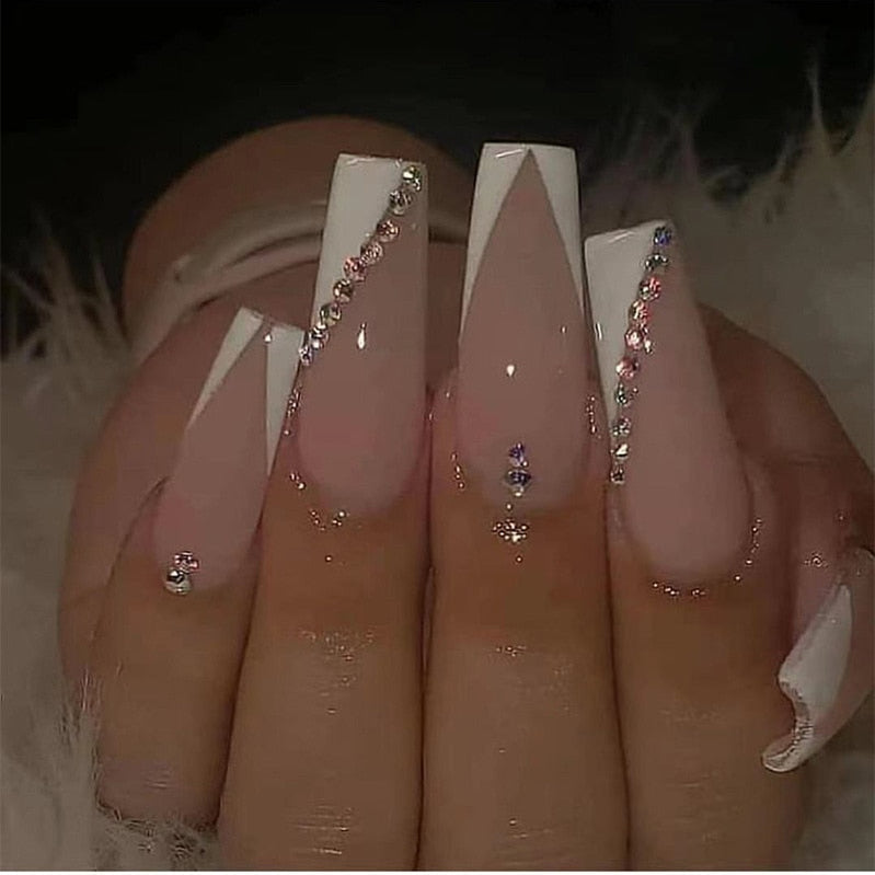 24Pcs Full Cover False Nails with Glue Long Square Coffin Fake Nails French Detachable Ballet Love Pattern Design Press on Nails 36