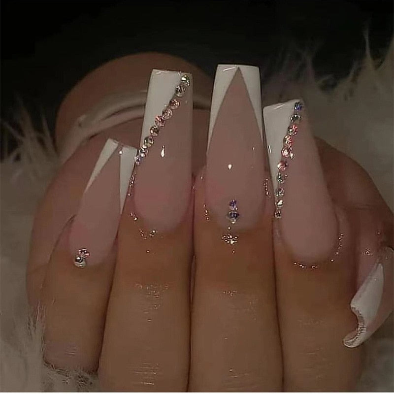 24Pcs Full Cover False Nails with Glue Long Square Coffin Fake Nails French Detachable Ballet Love Pattern Design Press on Nails 36