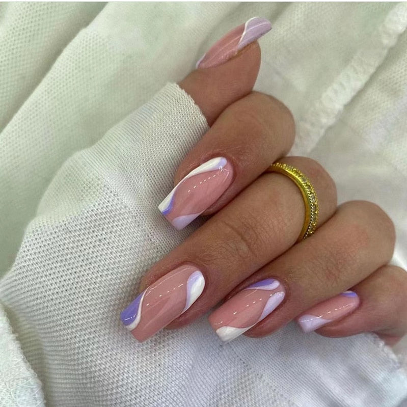 24Pcs Full Cover False Nails with Glue Long Square Coffin Fake Nails French Detachable Ballet Love Pattern Design Press on Nails 541
