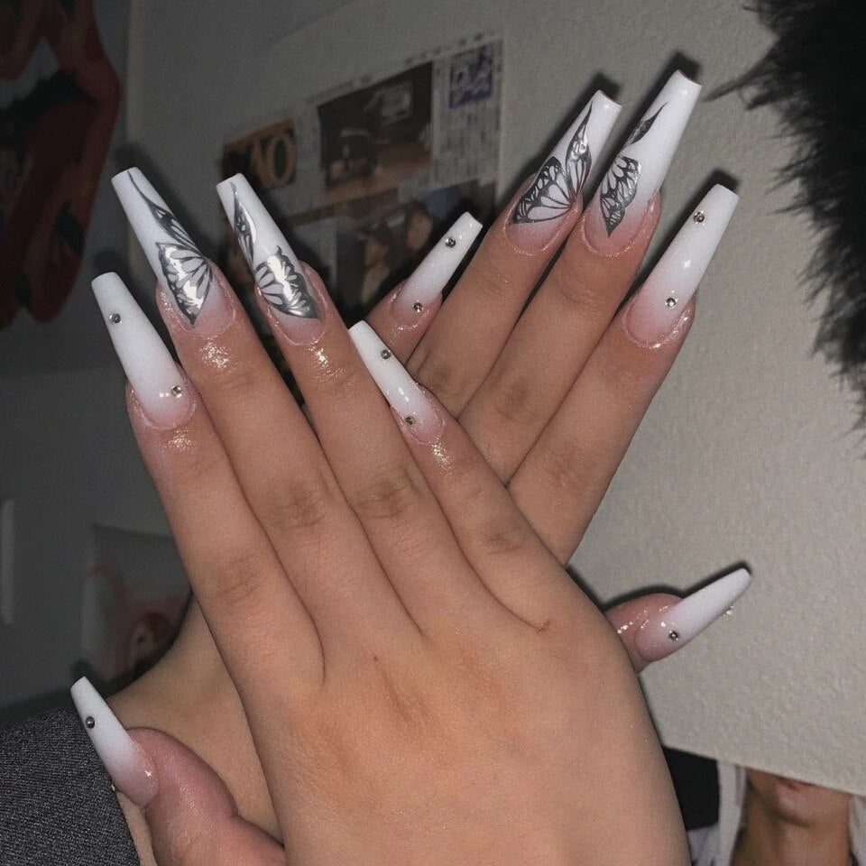 24Pcs Full Cover False Nails with Glue Long Square Coffin Fake Nails French Detachable Ballet Love Pattern Design Press on Nails Z-94