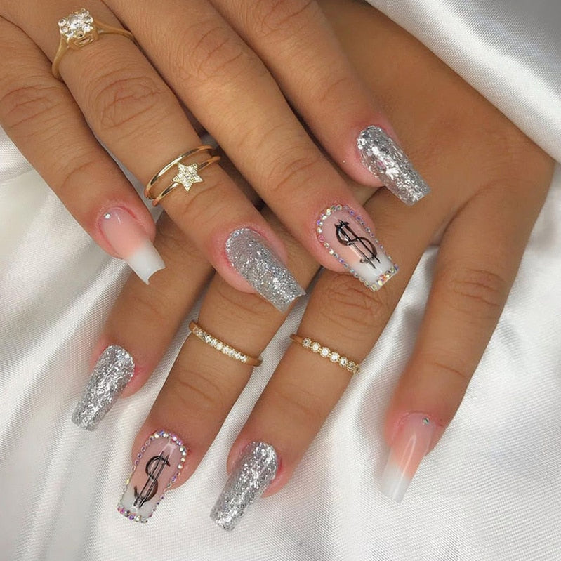 24Pcs Full Cover False Nails with Glue Long Square Coffin Fake Nails French Detachable Ballet Love Pattern Design Press on Nails 608