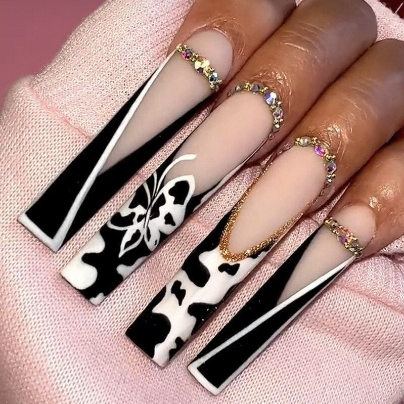 24Pcs Full Cover False Nails with Glue Long Square Coffin Fake Nails French Detachable Ballet Love Pattern Design Press on Nails 227