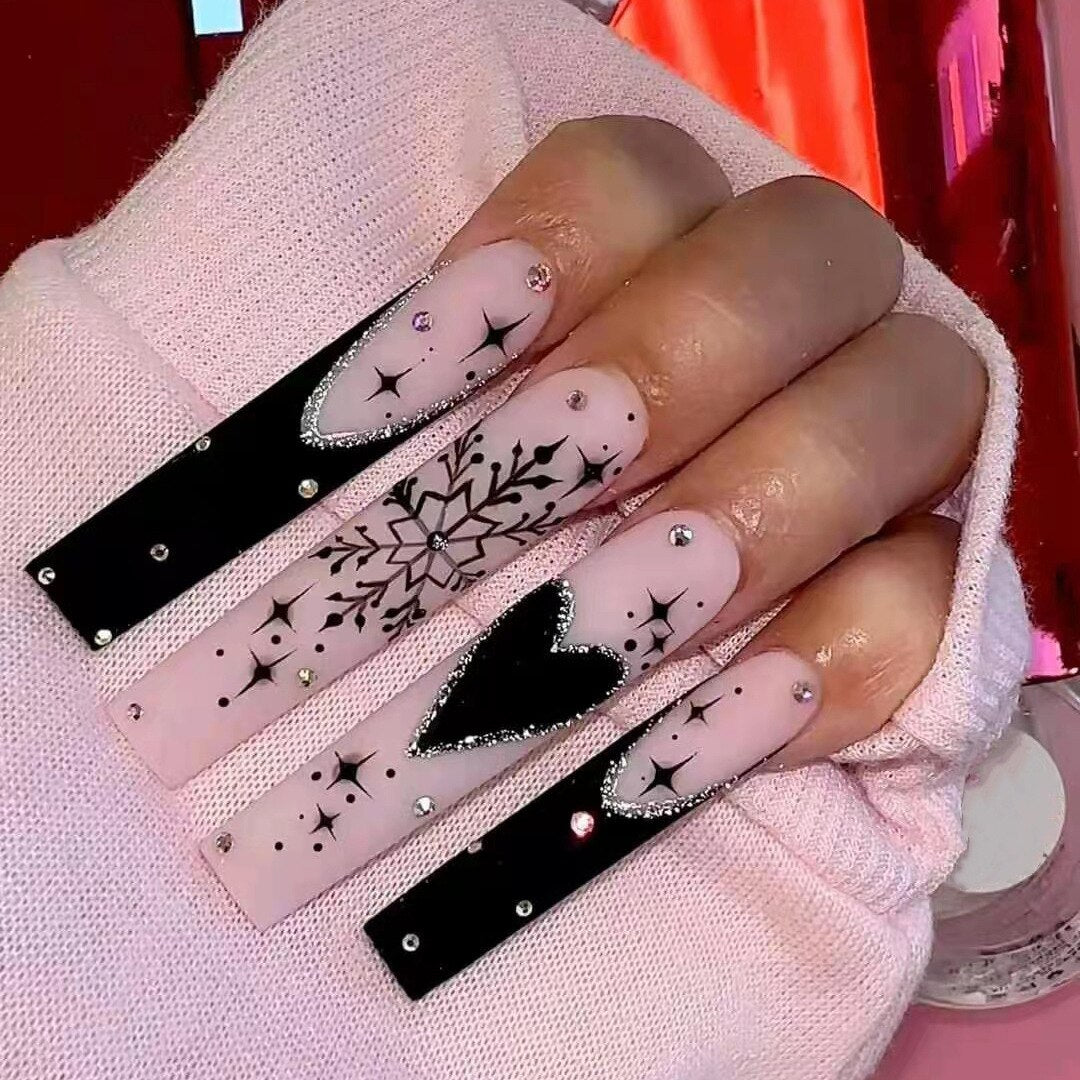 24Pcs Full Cover False Nails with Glue Long Square Coffin Fake Nails French Detachable Ballet Love Pattern Design Press on Nails Z-60
