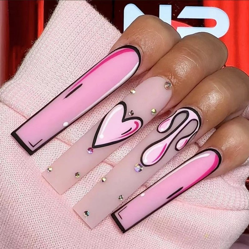 24Pcs Full Cover False Nails with Glue Long Square Coffin Fake Nails French Detachable Ballet Love Pattern Design Press on Nails EB-11