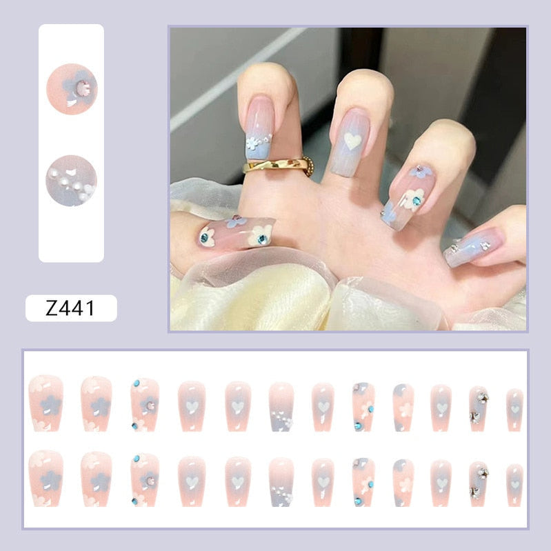 24Pcs Glitter Pink Fake Nails Press on French Set almond Cute Nail Art korean Fake Nails Acrylic Full Cover Tips with Glue Z441