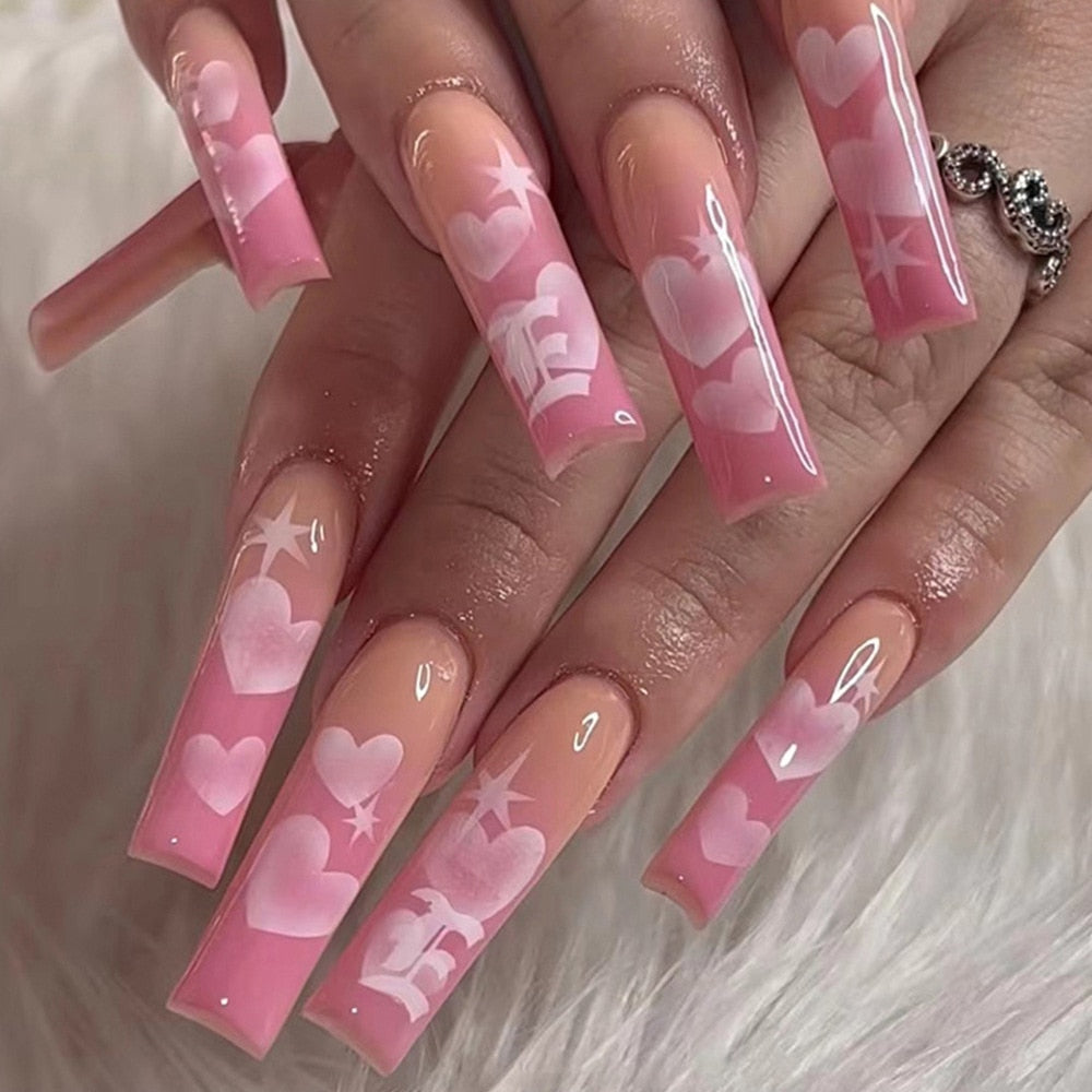 24Pcs Glitter Pink Fake Nails Press on French Set almond Cute Nail Art korean Fake Nails Acrylic Full Cover Tips with Glue CY096-4-4