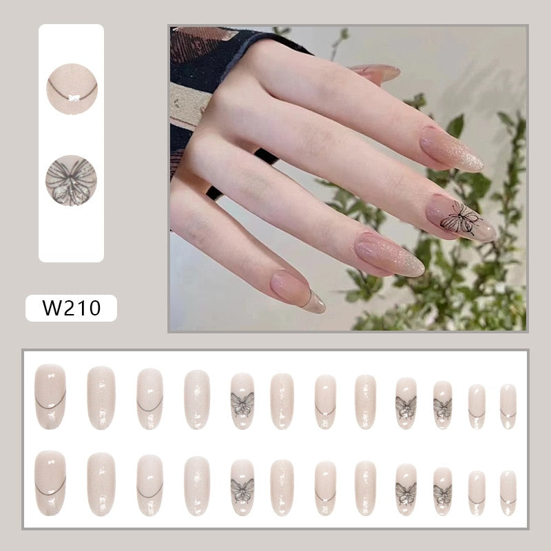 24Pcs Glitter Pink Fake Nails Press on French Set almond Cute Nail Art korean Fake Nails Acrylic Full Cover Tips with Glue W210