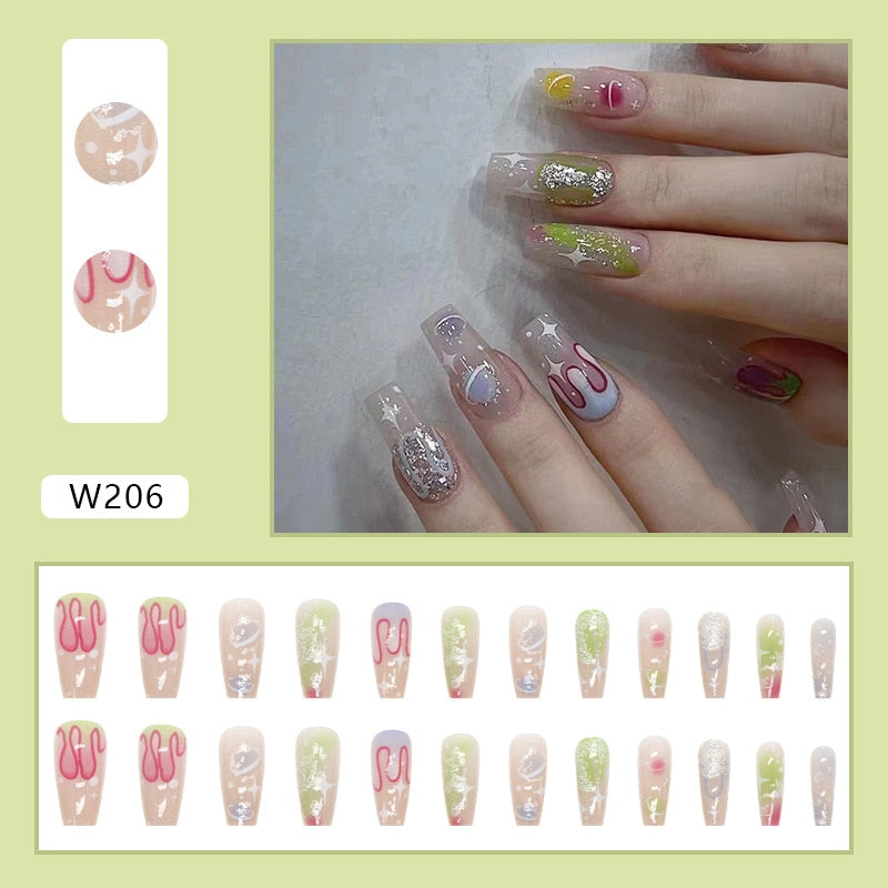 24Pcs Glitter Pink Fake Nails Press on French Set almond Cute Nail Art korean Fake Nails Acrylic Full Cover Tips with Glue W206