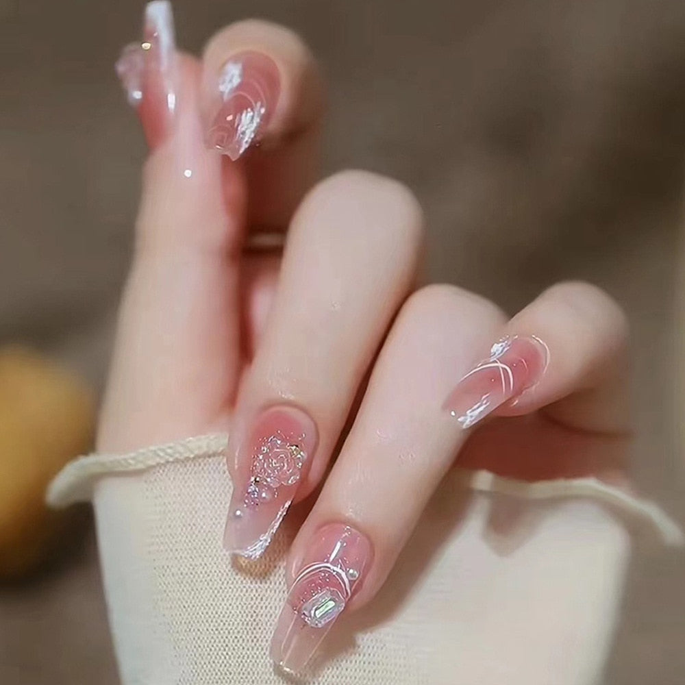 24Pcs Glitter Pink Fake Nails Press on French Set almond Cute Nail Art korean Fake Nails Acrylic Full Cover Tips with Glue DZ190