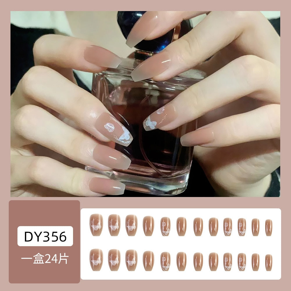 24Pcs Glitter Pink Fake Nails Press on French Set almond Cute Nail Art korean Fake Nails Acrylic Full Cover Tips with Glue DY356-4-7