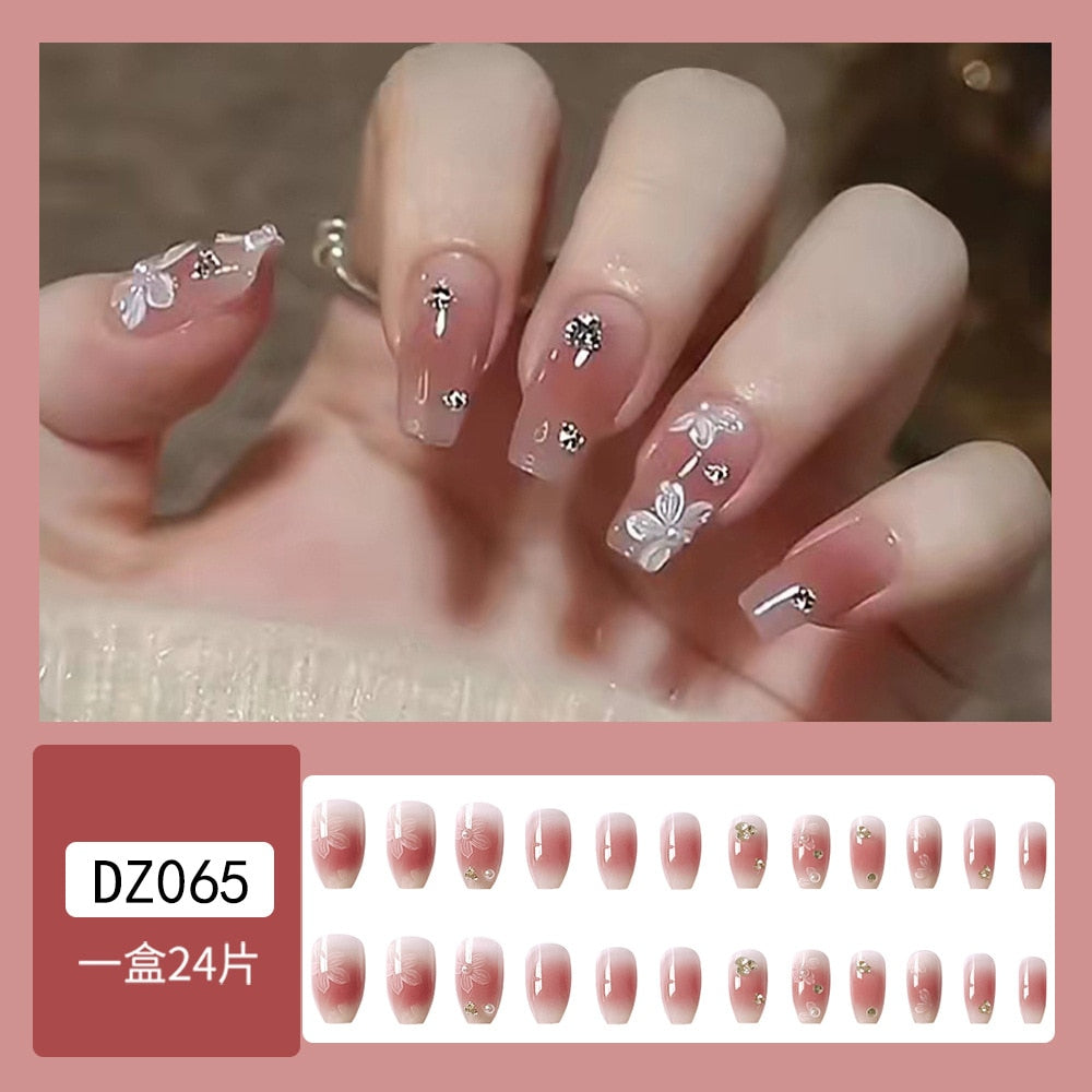 24Pcs Glitter Pink Fake Nails Press on French Set almond Cute Nail Art korean Fake Nails Acrylic Full Cover Tips with Glue DZ065-3-3