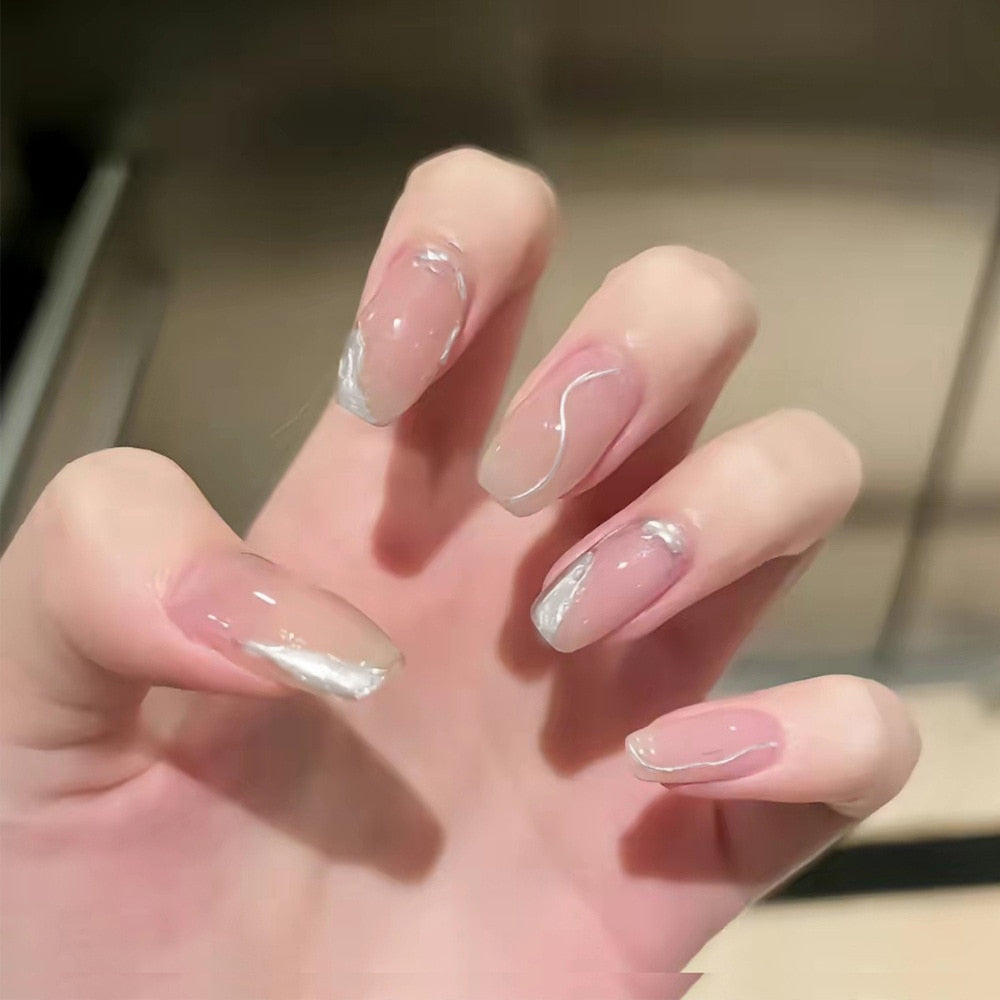 24Pcs Glitter Pink Fake Nails Press on French Set almond Cute Nail Art korean Fake Nails Acrylic Full Cover Tips with Glue DY359-3-13