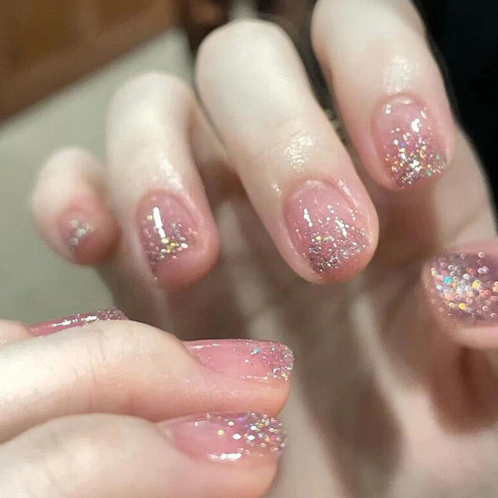 24Pcs Glitter Pink Fake Nails Press on French Set almond Cute Nail Art korean Fake Nails Acrylic Full Cover Tips with Glue DY632-4-11