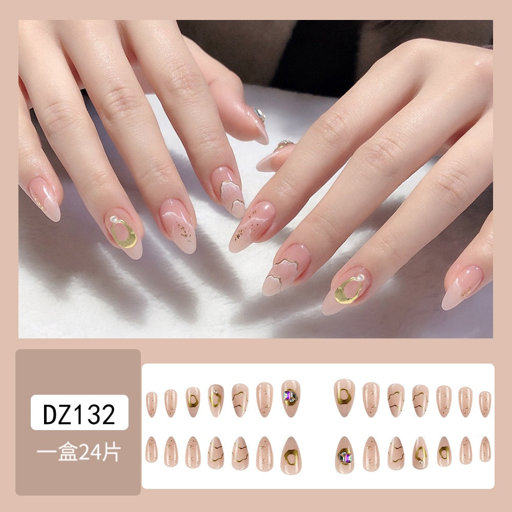 24Pcs Glitter Pink Fake Nails Press on French Set almond Cute Nail Art korean Fake Nails Acrylic Full Cover Tips with Glue DZ132
