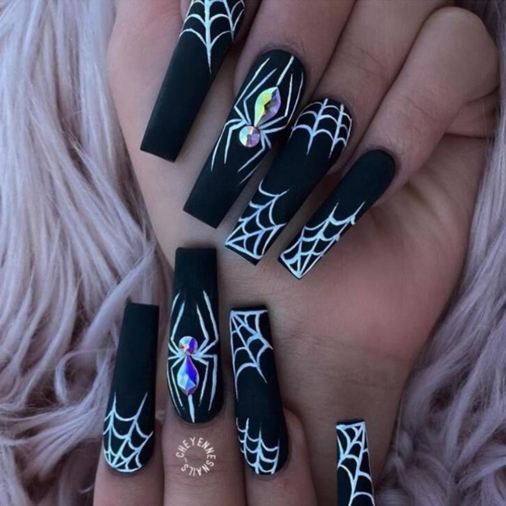 24Pcs Halloween Black Ghost Long Ballet False Nails With Heart Blood Design Halloween Press On Nails Detachable Full Cover Nails CZ046