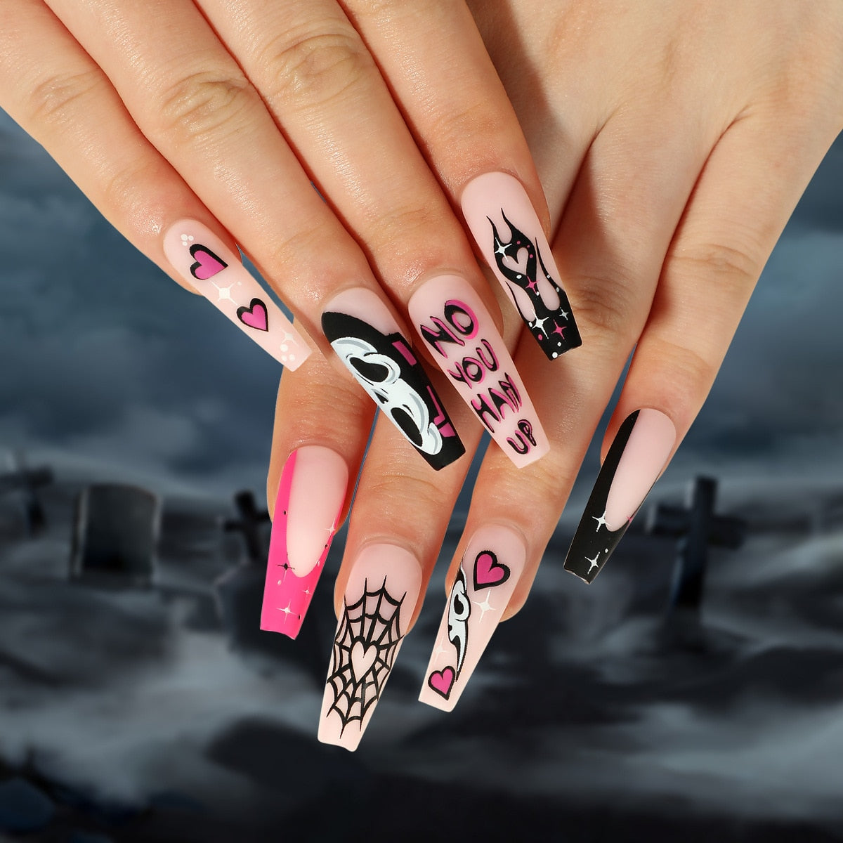24Pcs Halloween Black Ghost Long Ballet False Nails With Heart Blood Design Halloween Press On Nails Detachable Full Cover Nails 2507