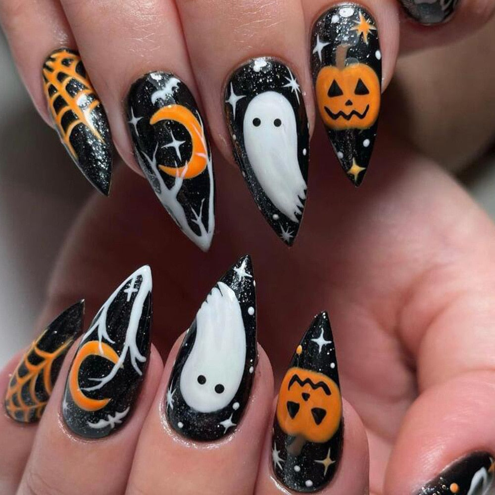 24Pcs Halloween Black Ghost Long Ballet False Nails With Heart Blood Design Halloween Press On Nails Detachable Full Cover Nails DY722