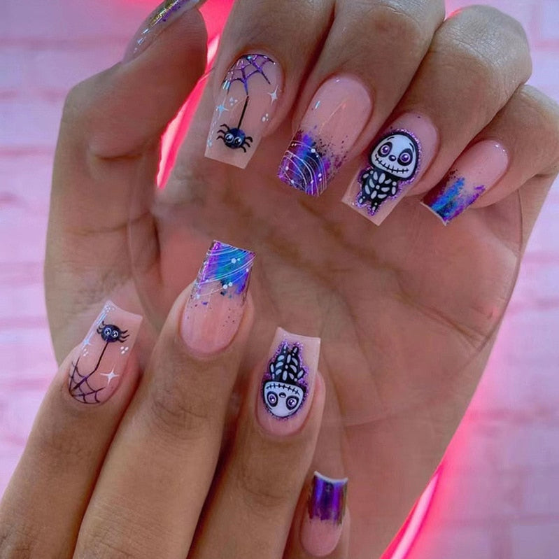 24Pcs Halloween Black Ghost Long Ballet False Nails With Heart Blood Design Halloween Press On Nails Detachable Full Cover Nails 804