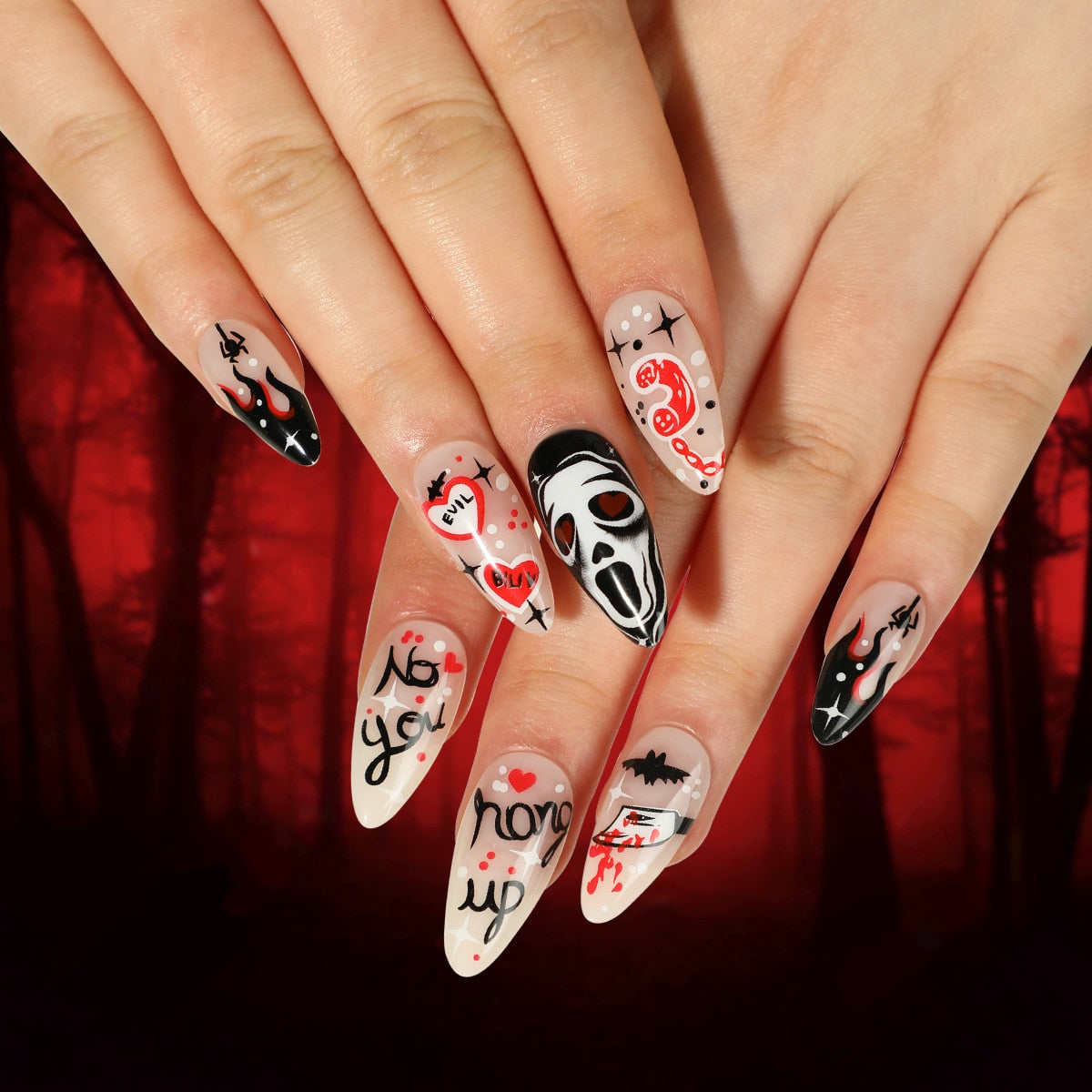 24Pcs Halloween Black Ghost Long Ballet False Nails With Heart Blood Design Halloween Press On Nails Detachable Full Cover Nails 2512