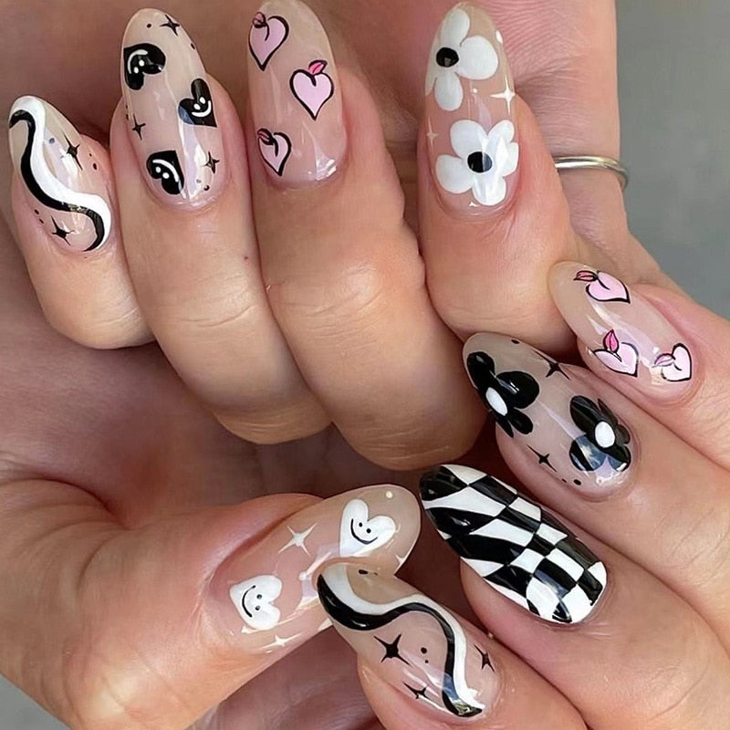 24Pcs Halloween Black Ghost Long Ballet False Nails With Heart Blood Design Halloween Press On Nails Detachable Full Cover Nails 209