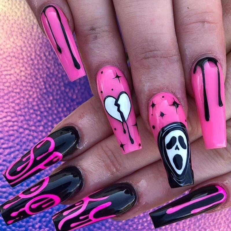 24Pcs Halloween Black Ghost Long Ballet False Nails With Heart Blood Design Halloween Press On Nails Detachable Full Cover Nails 15