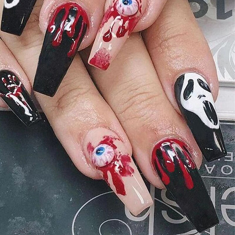 24Pcs Halloween Extra Long Press on Nails Coffin Fake Nails Acrylic Black White Clown Designs Glossy Artificial Nails for Women BKS1885