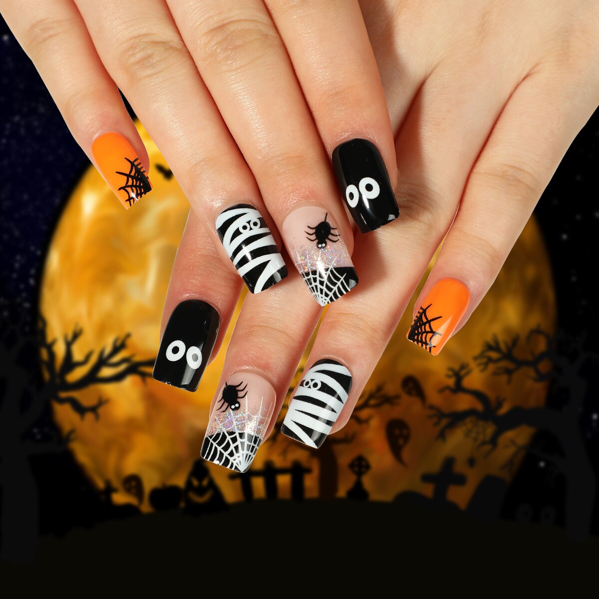 24Pcs Halloween Extra Long Press on Nails Coffin Fake Nails Acrylic Black White Clown Designs Glossy Artificial Nails for Women JP2502