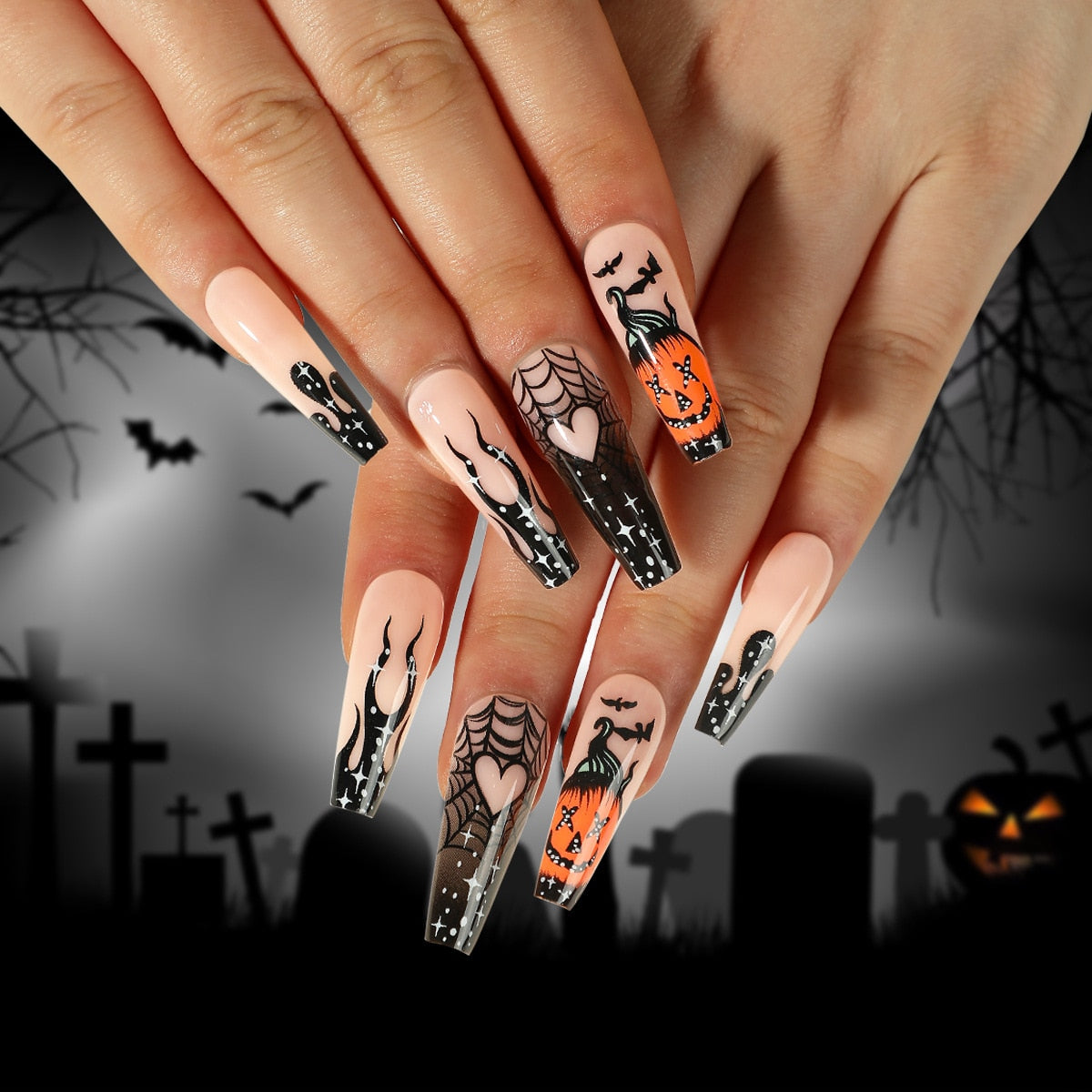 24Pcs Halloween Extra Long Press on Nails Coffin Fake Nails Acrylic Black White Clown Designs Glossy Artificial Nails for Women JP2506